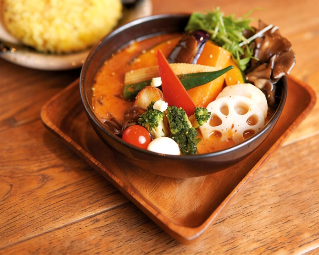 An authentic Hokkaido soup curry experience, showcasing a fragrant broth, vibrant seasonal ingredients, and the depth of flavours unique to northern Japan.