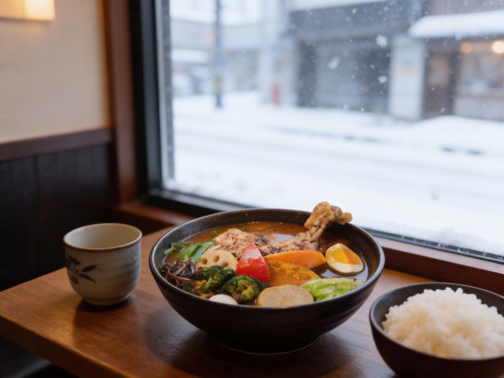 Traditional Hokkaido soup curry served inside a cosy Japanese restaurant, with a deeply spiced broth, carefully arranged ingredients, and an ambience that reflects the warmth and authenticity of Hokkaido cuisine.