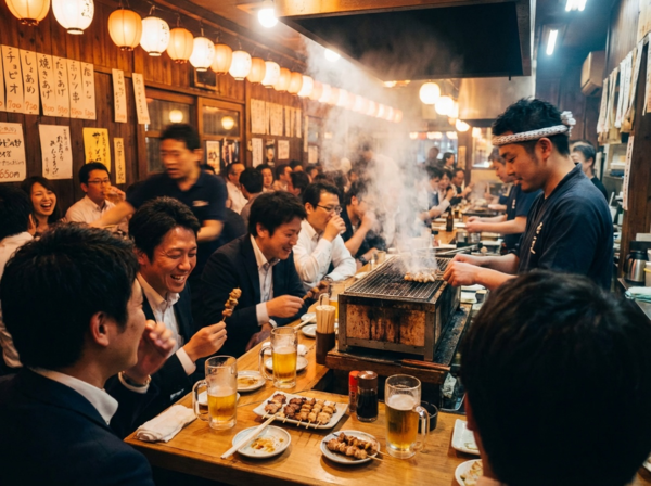 A bustling izakaya interior filled with customers chatting and laughing, warm lighting and packed tables capturing the loud, energetic dining atmosphere.