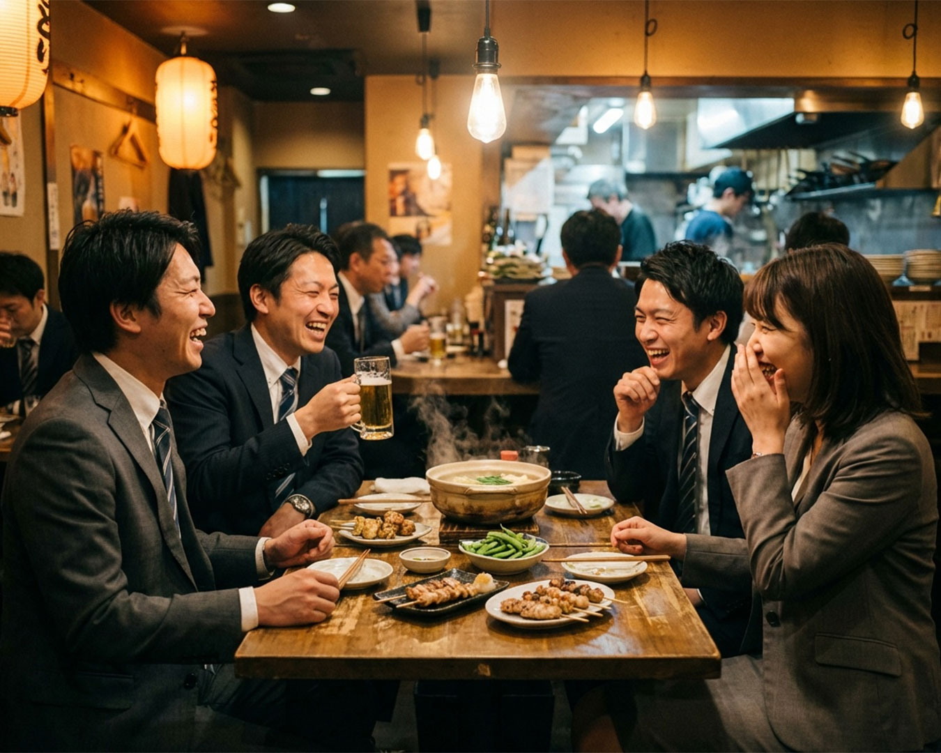 A group of office workers unwinding after a long day, sharing food and drinks around a wooden table in a cosy izakaya, with warm lighting and a relaxed after-work atmosphere.