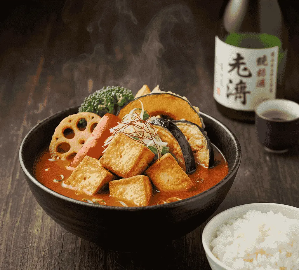 An image of a steaming Japanese Soup Curry sitting on a dark oak table accompanied with a bowl of rice and some sake.