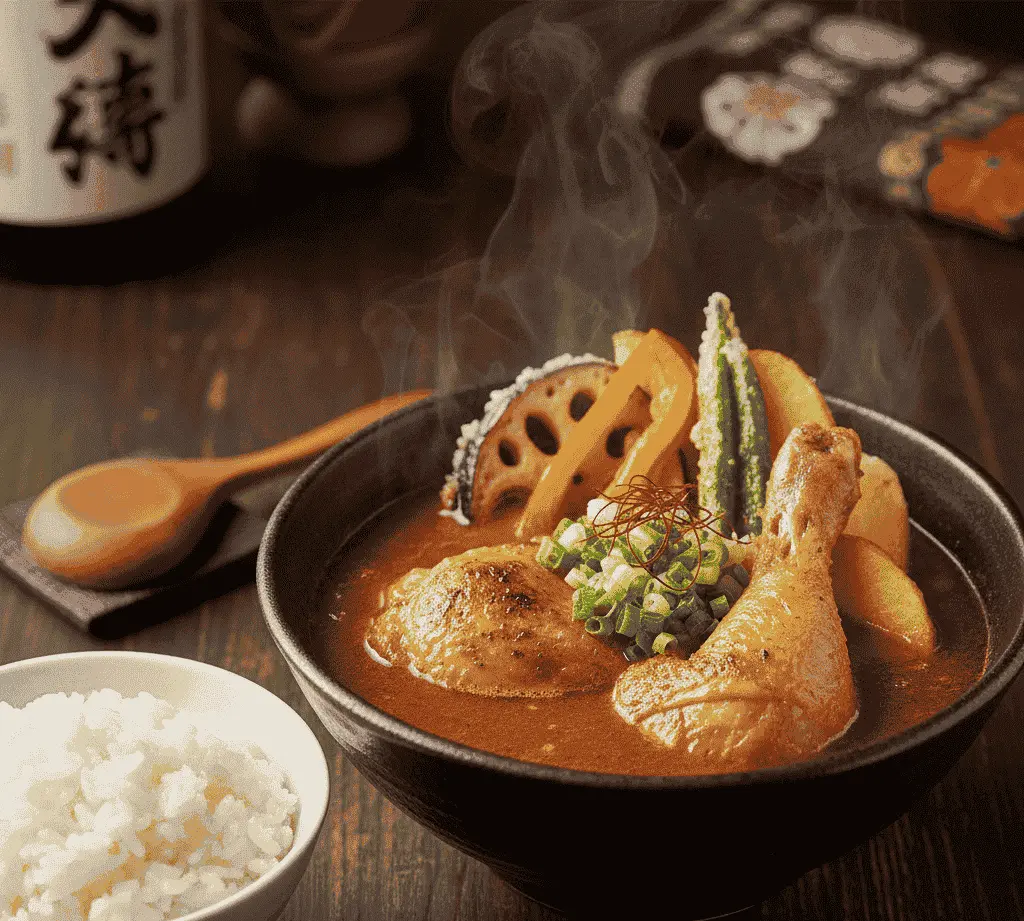 An Image of a steaming Japanese Delicacy sitting on an oak table with a bowl of rice on the side, a wooden spoon, and a bottle of sake.