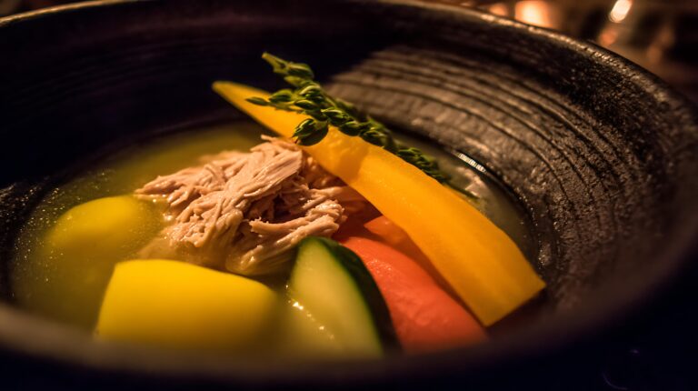 Shredded slow-cooked meat with a yellow carrot, cucumber, and red bell pepper in a clear broth, served in a textured black ceramic bowl.