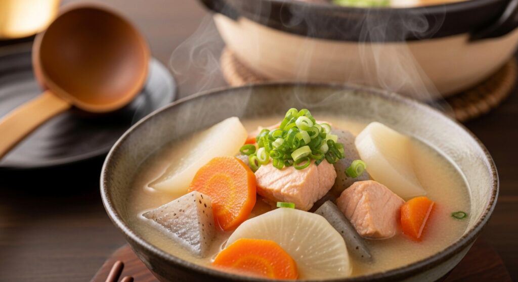 This is a bright, medium-close-up shot of a steaming bowl of Japanese-style soup, likely miso or clear broth, filled with chunks of fish salmon and root vegetables such as thick-cut carrots and white radishes.