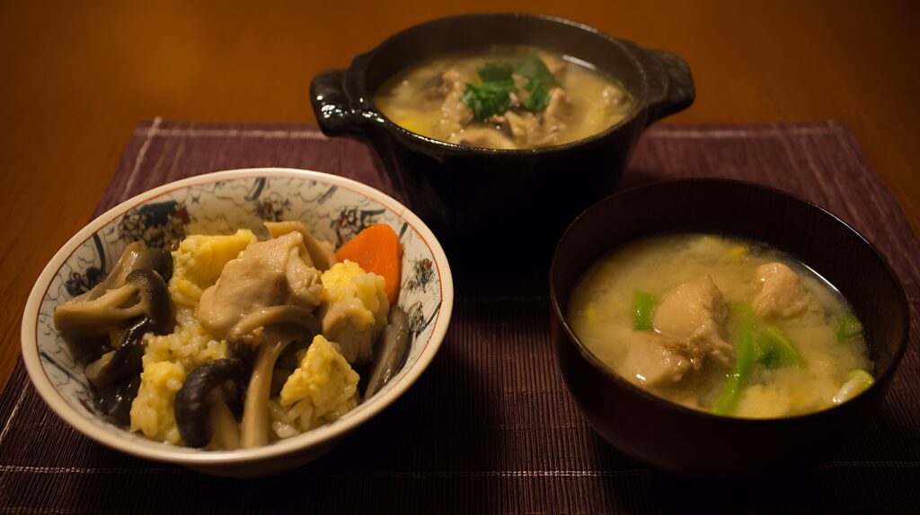 This image displays a dark, intimate setting featuring a small Japanese meal composed of three dishes served on a dark placemat.