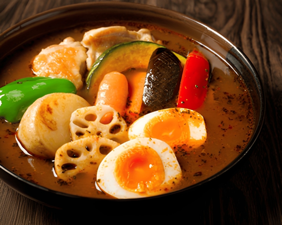 Authentic Hokkaido soup curry, a soul food favourite, featuring a vibrant, aromatic broth with tender vegetables and protein, capturing the essence of Hokkaido cuisine.