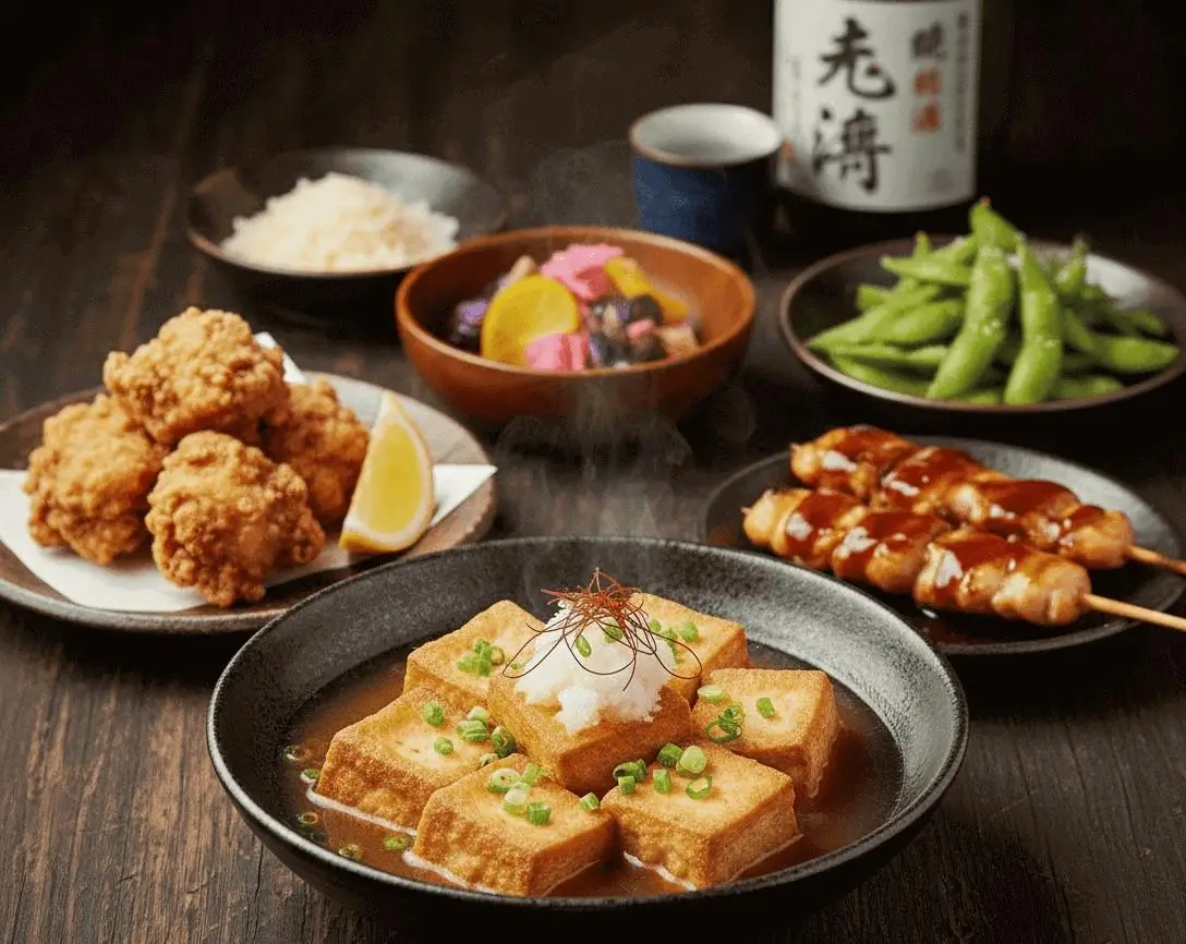 A delicious Japanese appetizer spread featuring steaming Agedashi Tofu, Karaage (fried chicken), Yakitori skewers, Edamame, and pickled vegetables.