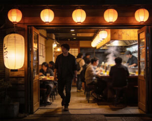 A man steps out of a warmly lit izakaya at night, with glowing lanterns and wooden doors behind him, creating a cosy and authentic Japanese street-dining atmosphere.