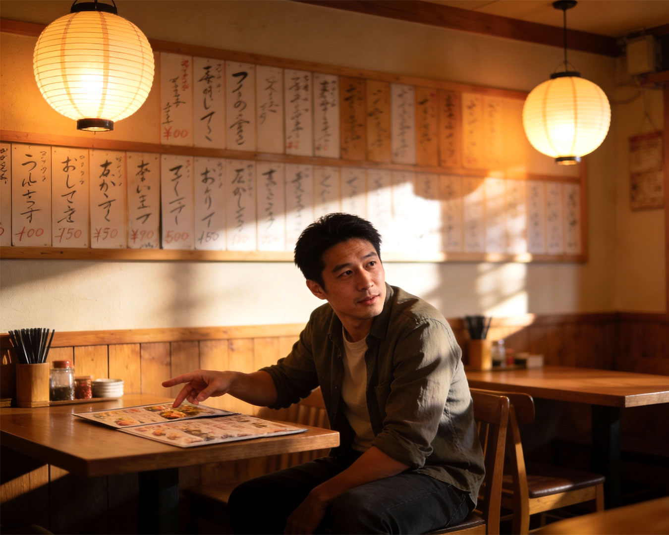 A man seated at an izakaya table browses the menu, preparing to order traditional Japanese dishes in a warm, casual dining setting.