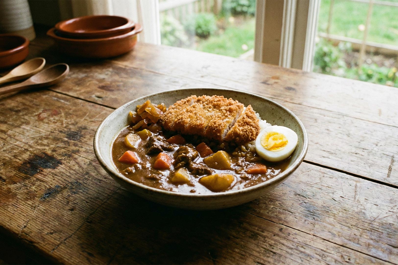 A rustic ceramic bowl filled with Japanese curry rice, topped with a crispy breaded pork cutlet (tonkatsu), a hard-boiled egg, and pickles on a wooden table.