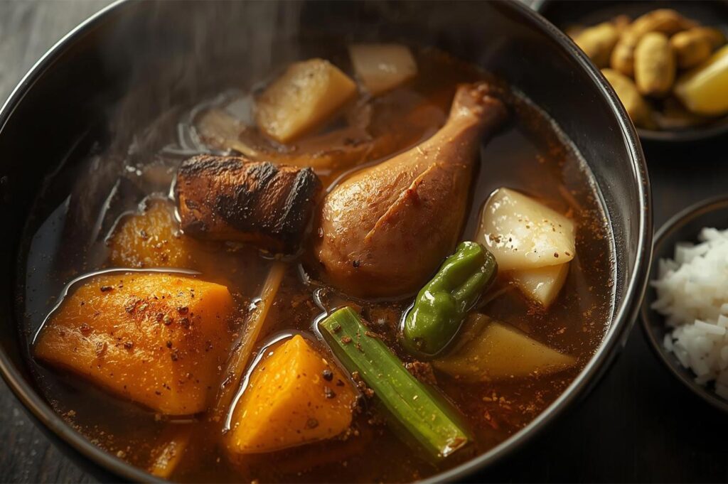 Overhead view of a hearty, steaming bowl of soup featuring a whole chicken drumstick, chunks of pumpkin, daikon radish, and green chili.