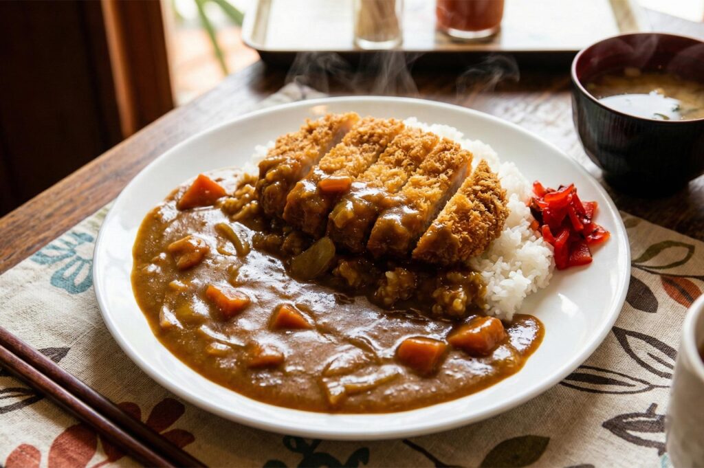 A steaming hot plate of Japanese curry topped with sliced tonkatsu, served as a set meal with miso soup and red fukujinzuke pickles.