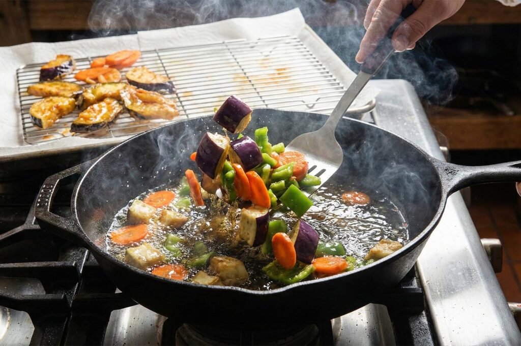 Deep frying eggplant, carrots, and green peppers in a cast iron skillet for vegetable curry toppings.