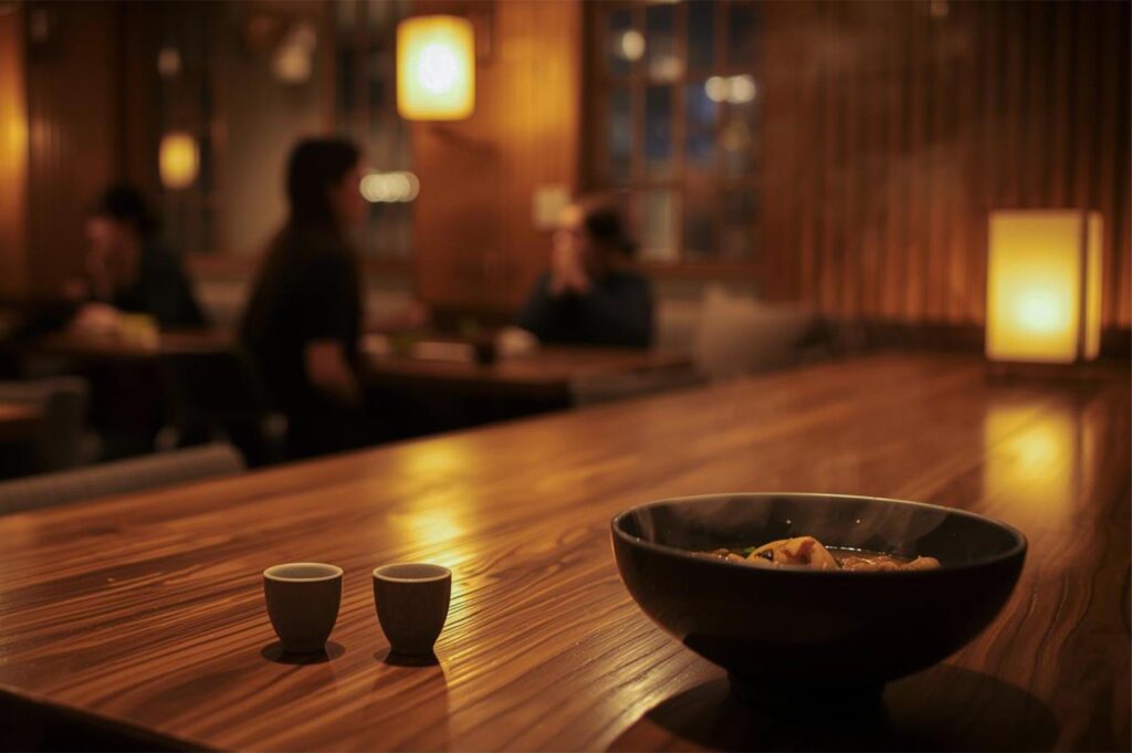 Two small ceramic sake cups resting on a warm wooden counter in a dimly lit Japanese Izakaya restaurant with blurred diners in the background.