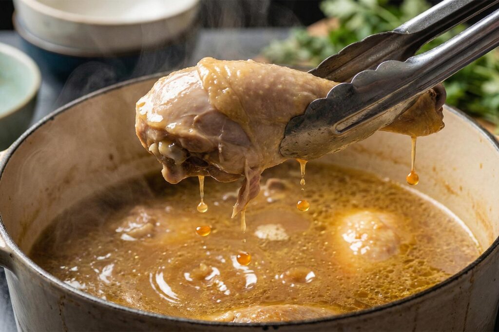 A tender chicken leg being lifted with tongs from a pot of simmering golden soup curry broth.