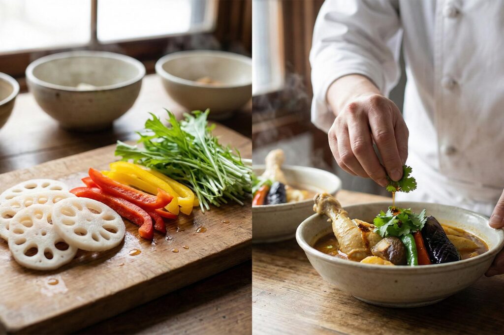 A split view showing fresh sliced lotus root and peppers on a cutting board, alongside a chef garnishing a finished bowl of chicken soup curry with fresh herbs.