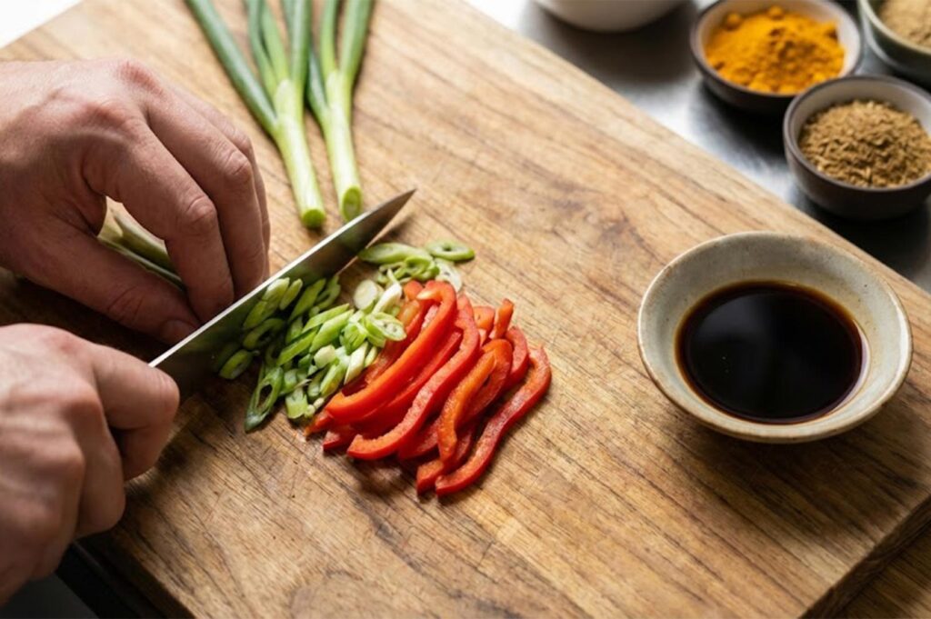 Hands chopping green onions and slicing red bell peppers on a wooden cutting board for curry preparation.