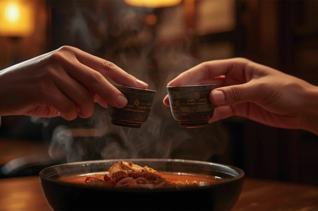 Two hands holding ceramic cups clinking together in a "Kanpai" toast over a steaming hot meal.