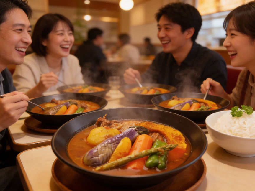 A group of diners enjoying Hokkaido soup curry together in a relaxed restaurant setting, capturing the warmth, shared experience, and social charm of Japanese dining culture.