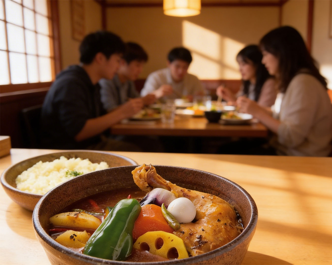 A group of diners sitting around a table, enjoying bowls of Hokkaido soup curry together, with colourful vegetables and rice served alongside in a warm, casual dining setting.
