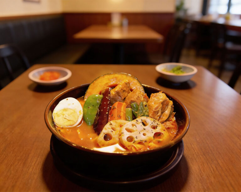 A bowl of Japanese soup curry with braised pork, lotus root, kabocha squash, bell peppers, and a hard-boiled egg on a wooden table in a restaurant setting.