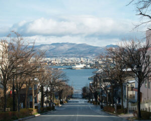 A quiet Sapporo street framed by distant mountains, blending urban charm with natural scenery.