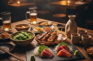 A spread of Japanese izakaya dishes on a wooden table, featuring fresh tuna and salmon sashimi, grilled yakitori skewers, edamame, and a ceramic sake carafe with beer in the background.