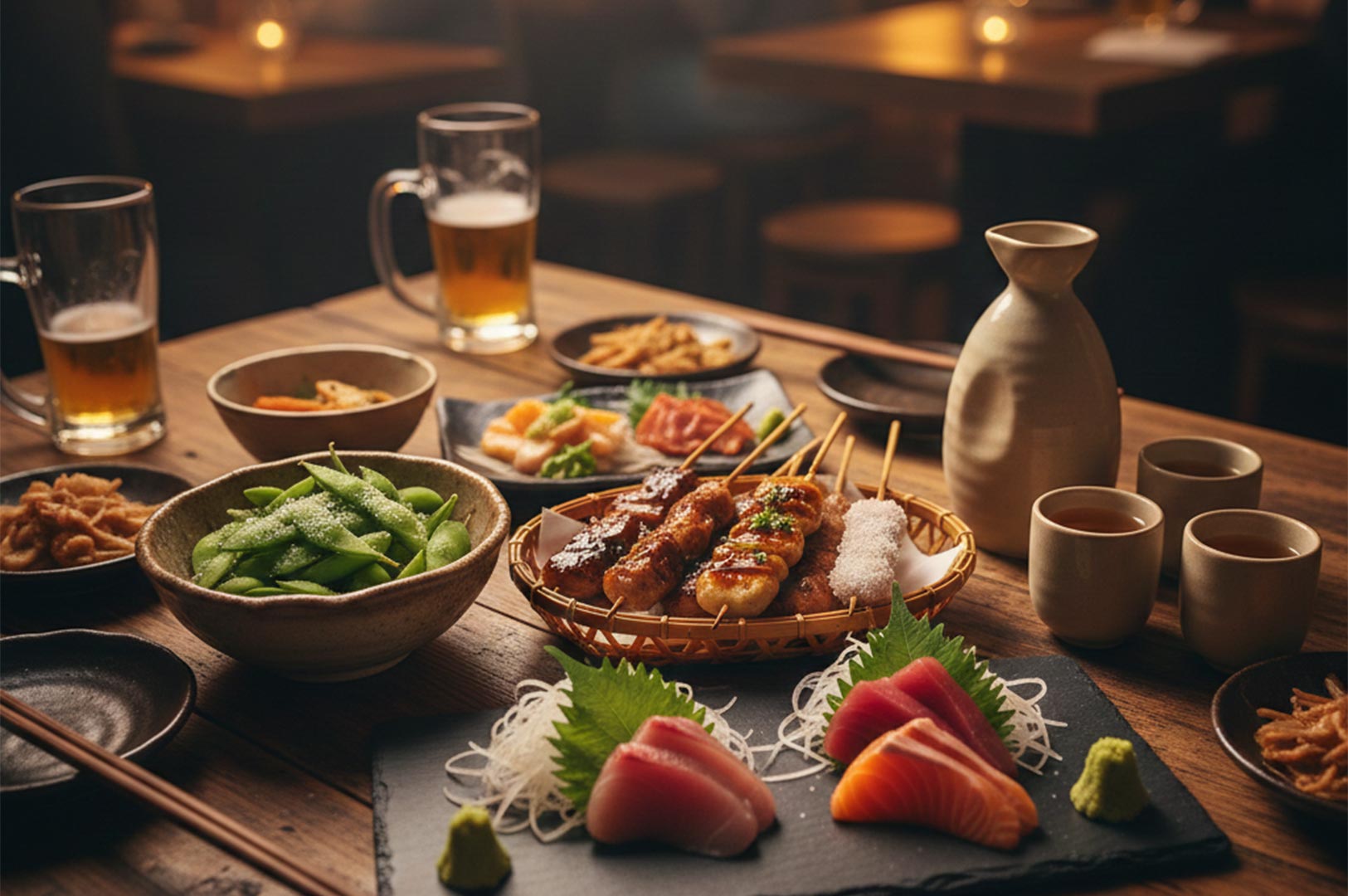 A spread of Japanese izakaya dishes on a wooden table, featuring fresh tuna and salmon sashimi, grilled yakitori skewers, edamame, and a ceramic sake carafe with beer in the background.