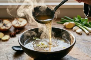 A person pouring clear, steaming Japanese soup broth from a metal ladle into a dark ceramic bowl with green onions.