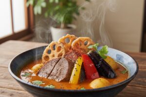 A steaming bowl of Hokkaido-style Japanese soup curry featuring thick cuts of meat, fried lotus root, eggplant, and peppers.
