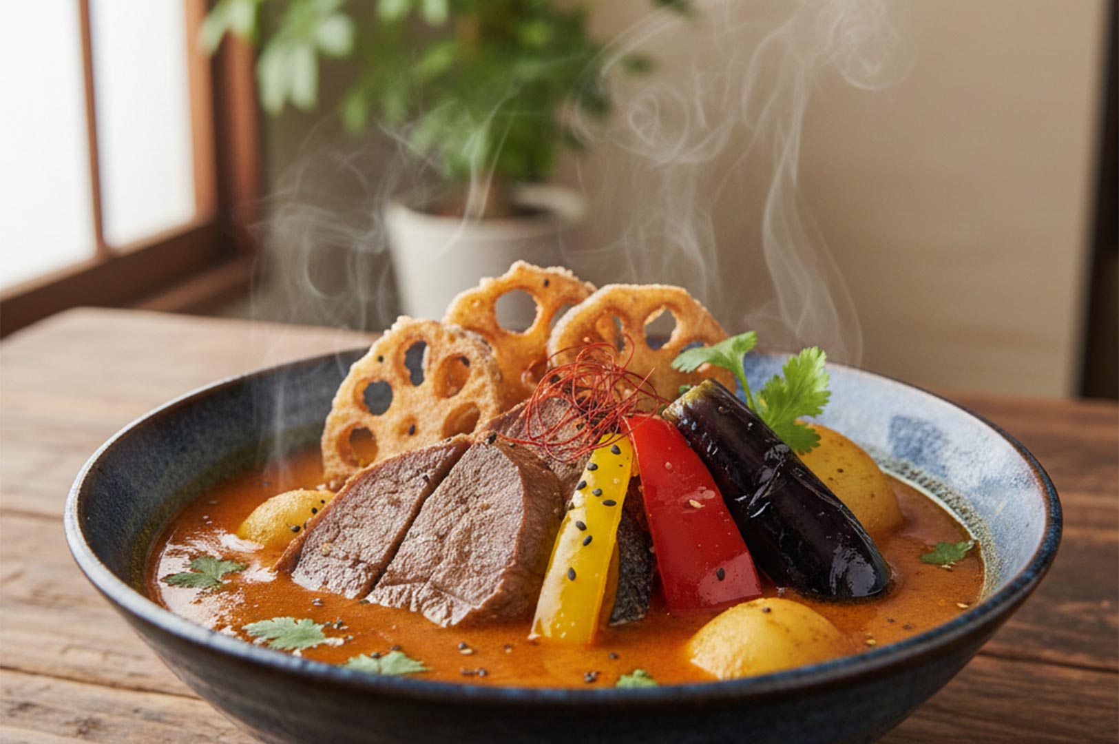 A steaming bowl of Hokkaido-style Japanese soup curry featuring thick cuts of meat, fried lotus root, eggplant, and peppers.