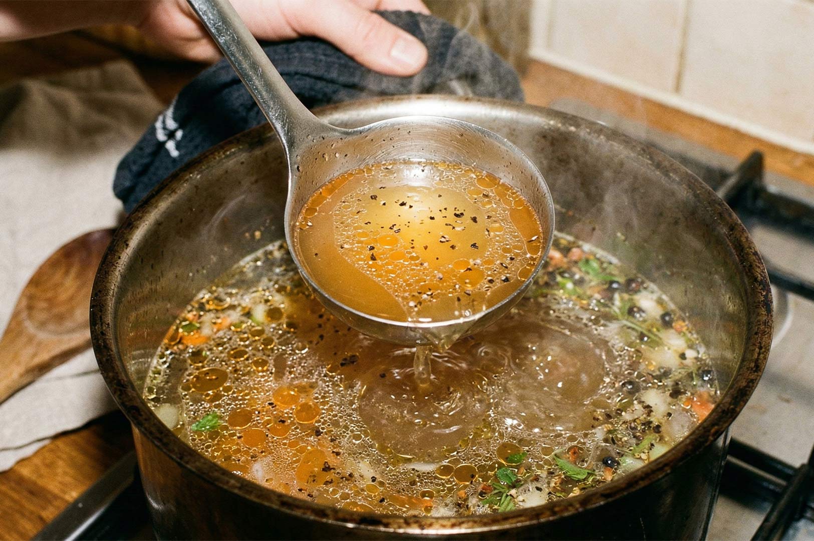 A clear, golden chicken broth with oil droplets and herbs being lifted by a metal ladle from a simmering pot on a stovetop.