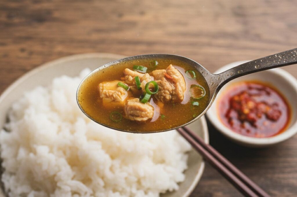 A close-up of a spoon lifting tender chunks of beef and broth from a bowl of soup curry with a side of chili paste.