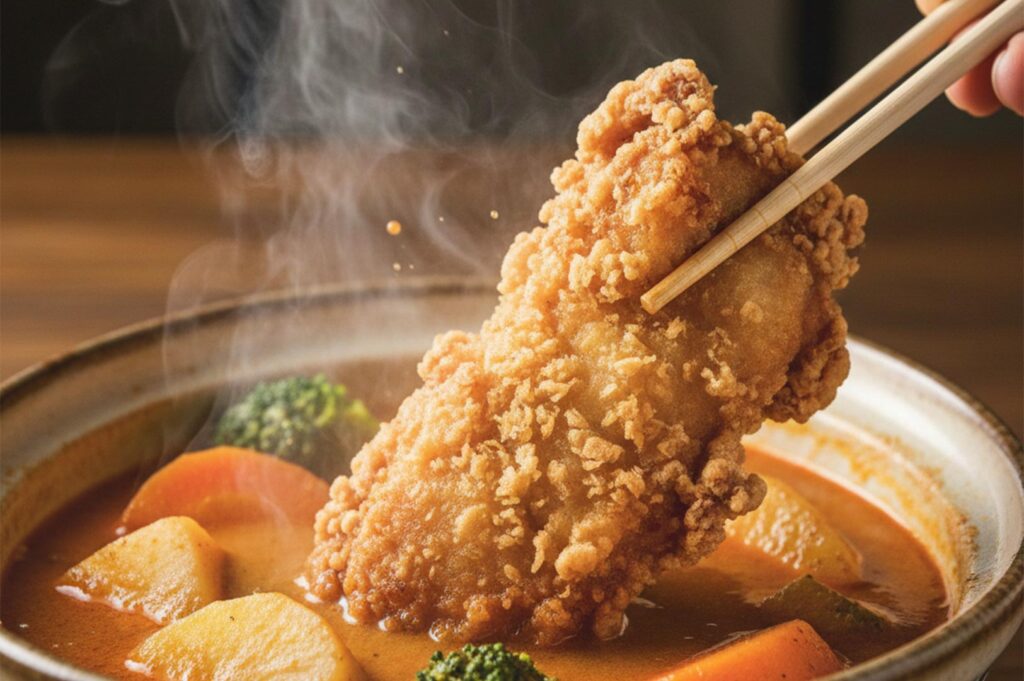Steaming hot crispy fried chicken held by chopsticks being dipped into a rich vegetable curry soup.