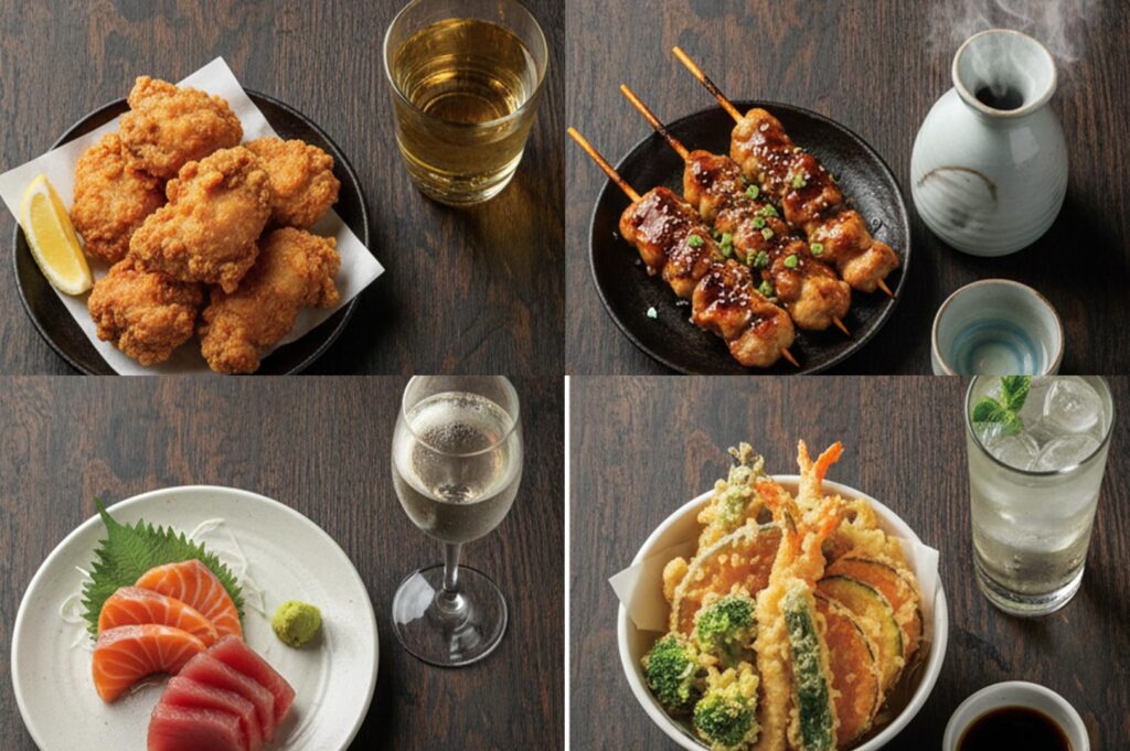 A four-panel collage showing popular Japanese food and drink pairings: chicken karaage with whiskey highball, yakitori with warm sake, sashimi with white wine, and tempura with a cold soda.