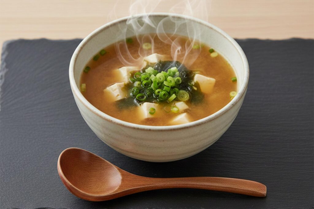 A close-up of steaming traditional Japanese miso soup with cubes of tofu, wakame seaweed, and sliced green onions in a ceramic bowl.