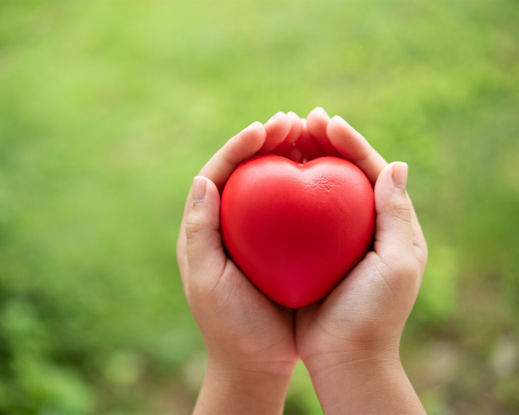A hand holding a heart-shaped prop symbolising care and wellbeing, representing food made with love and intention for health and comfort.