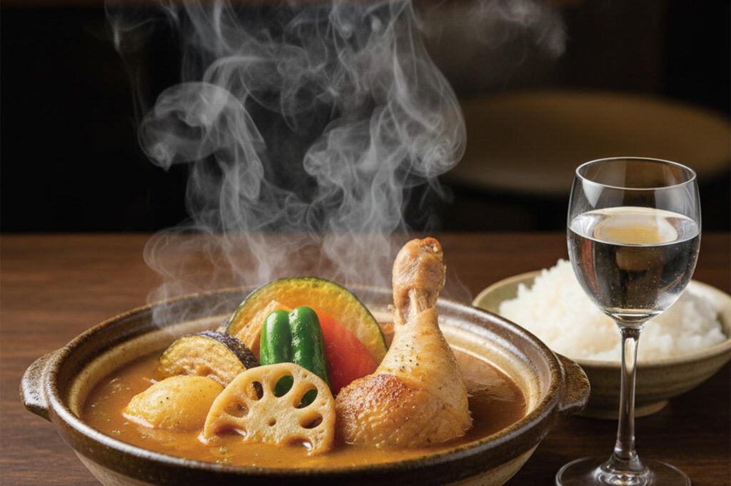 A steaming bowl of Hokkaido-style soup curry featuring a tender chicken leg, lotus root, bell pepper, and pumpkin, served with a side of white rice and a glass of water.