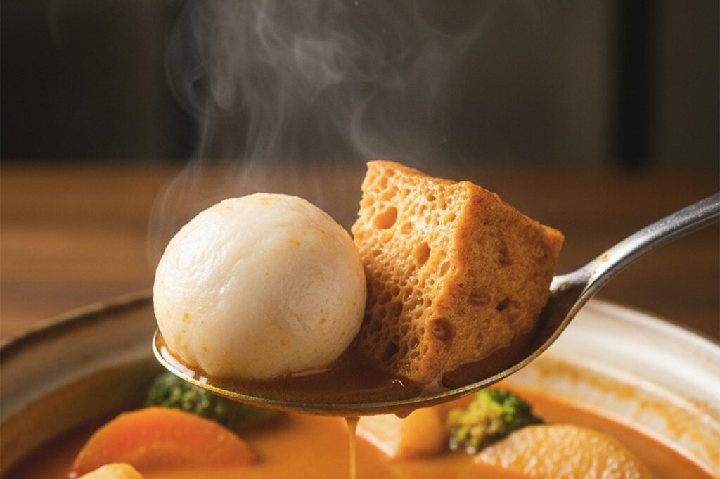 A spoonful of a bouncy white fish ball and porous fried tofu skin soaking up savory curry broth.