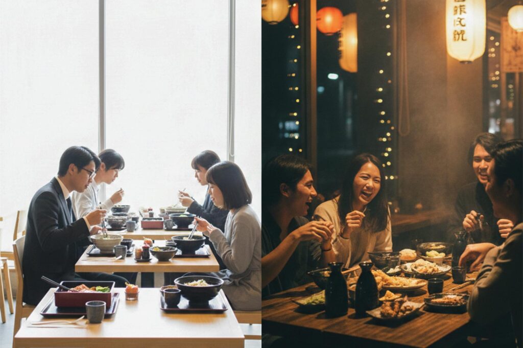 A split-screen image showing office workers having a quiet lunch (left) and friends laughing over dinner and sake at a warm izakaya (right).