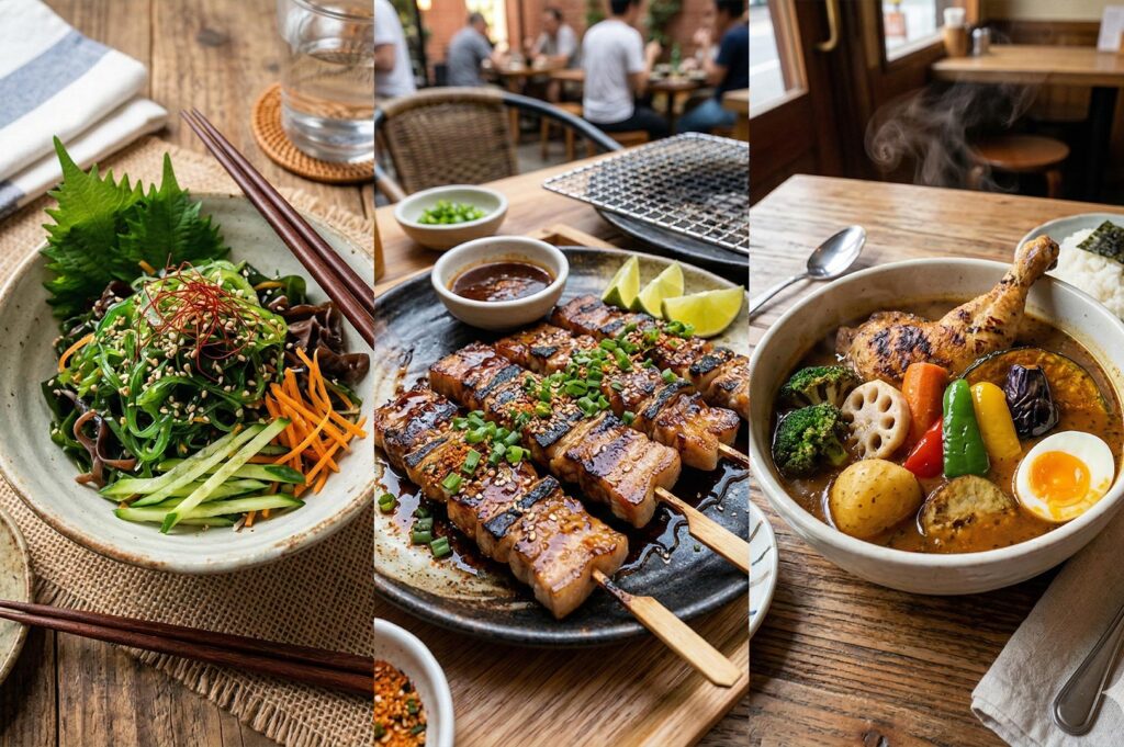 A three-panel collage showing a fresh seaweed salad, glazed pork belly skewers, and a hearty chicken and vegetable soup curry.