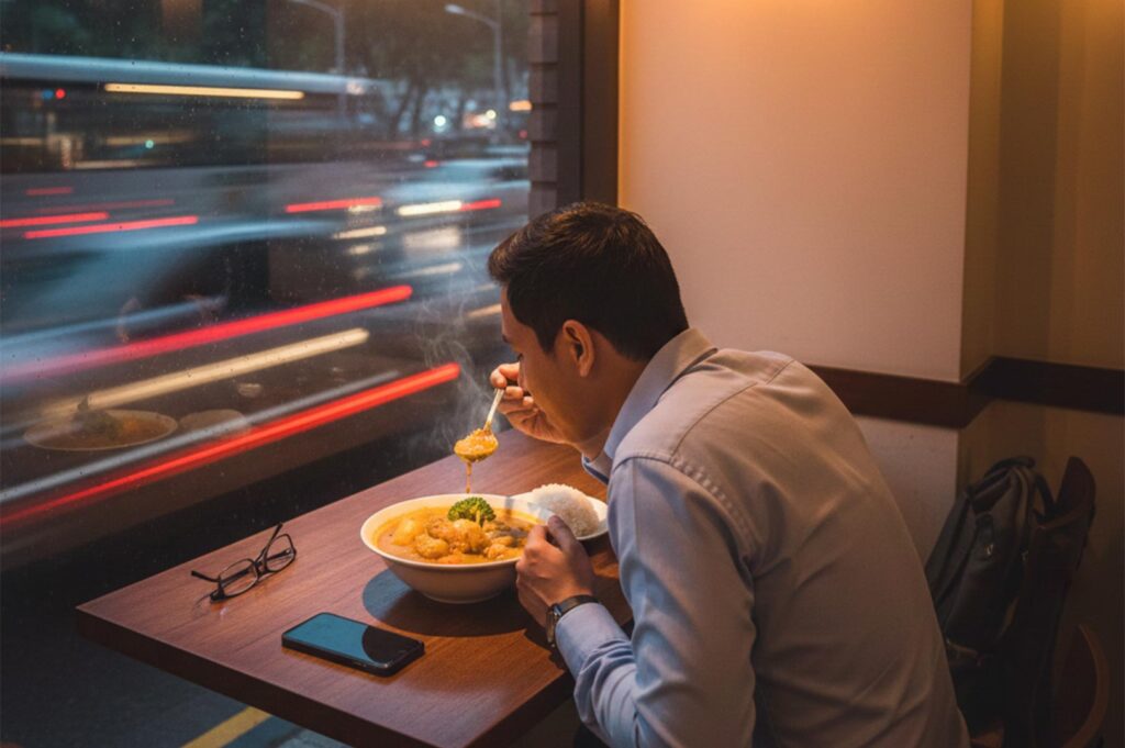 A man dining alone at a window counter eating Japanese soup curry while city traffic blurs past outside at night.