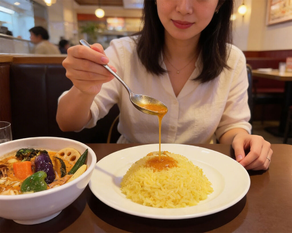 A woman gently pouring soup curry over steamed rice with a spoon, capturing the motion of the broth flowing onto the rice and enhancing its flavour.