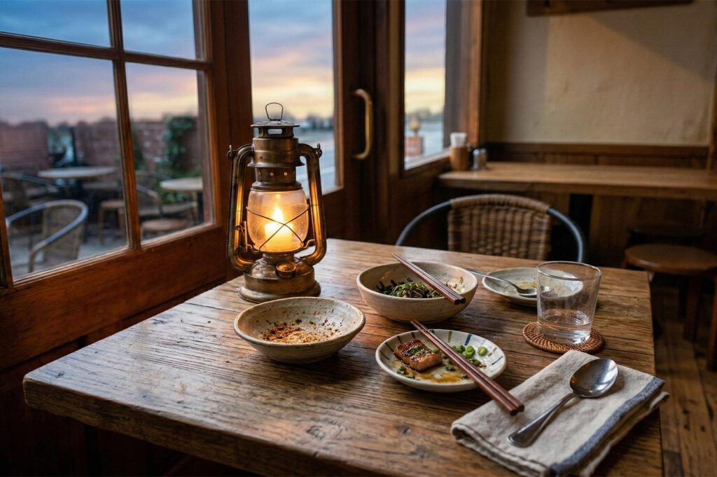 A peaceful restaurant table setting by a window at sunset, featuring a lit vintage lantern, empty ceramic bowls, and used chopsticks.