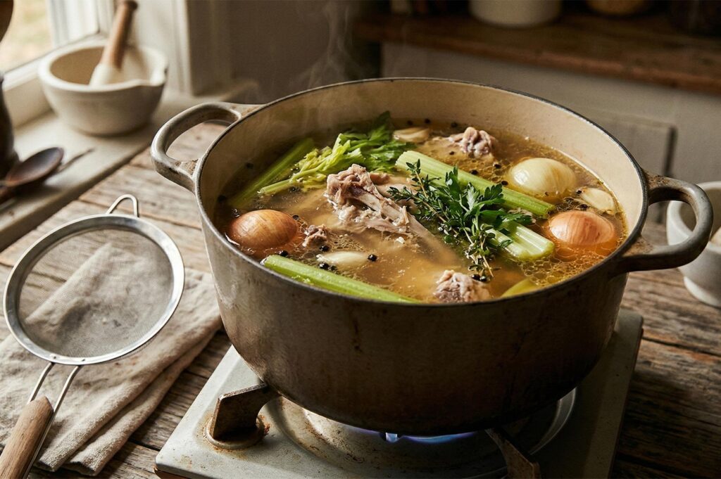 A rustic pot of simmering chicken stock on a gas stove filled with whole onions, celery stalks, black peppercorns, and fresh thyme.