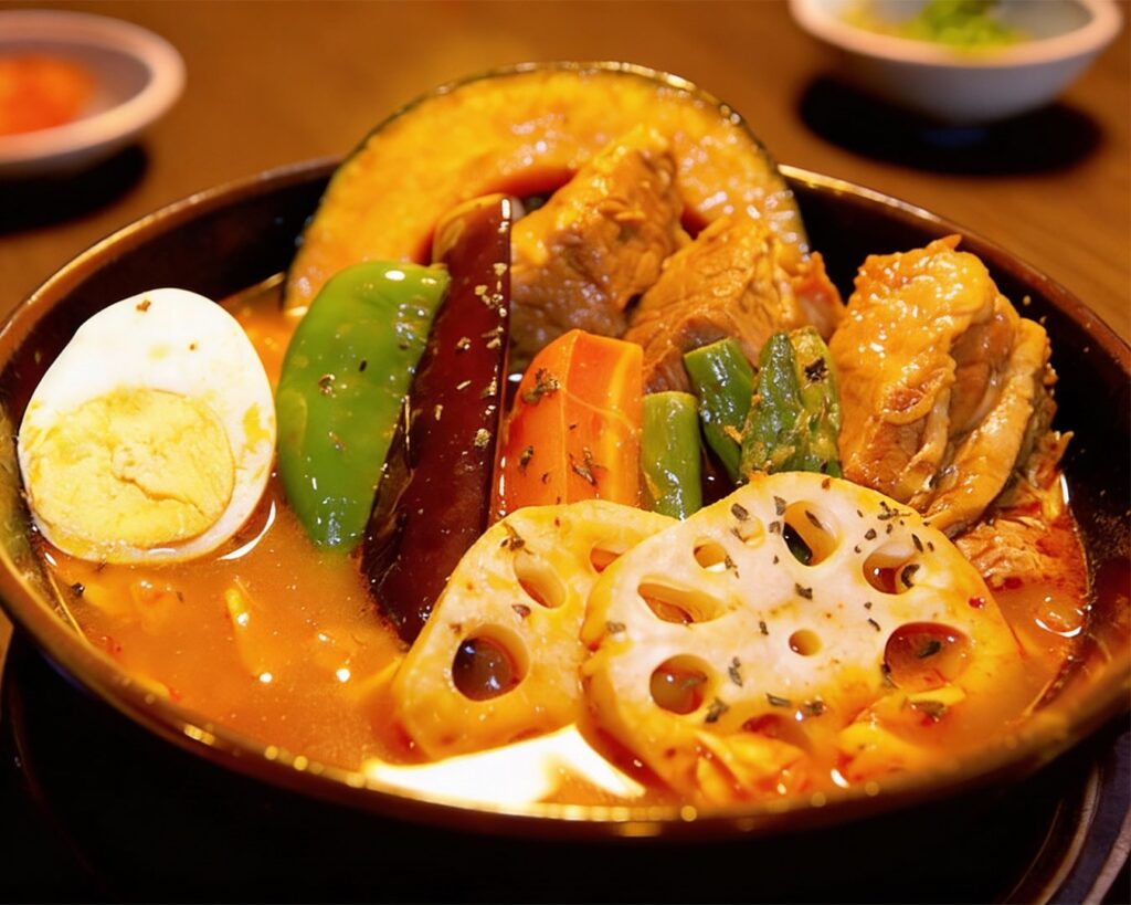 An intimate dining scene at Soup Curry by Ki-Setsu, with warm lighting and beautifully plated dishes creating a calm and inviting atmosphere.