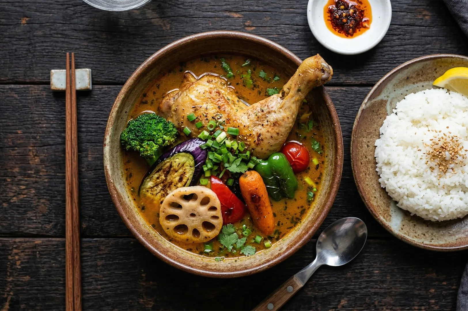 A top-down view of Japanese soup curry with a roasted chicken leg, lotus root, eggplant, and broccoli, served with a side of white rice and chili oil.