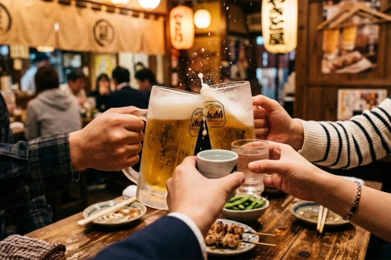 Friends cheering with frothy Asahi beer mugs and sake at a traditional Japanese Izakaya with yakitori skewers and edamame on a wooden table.