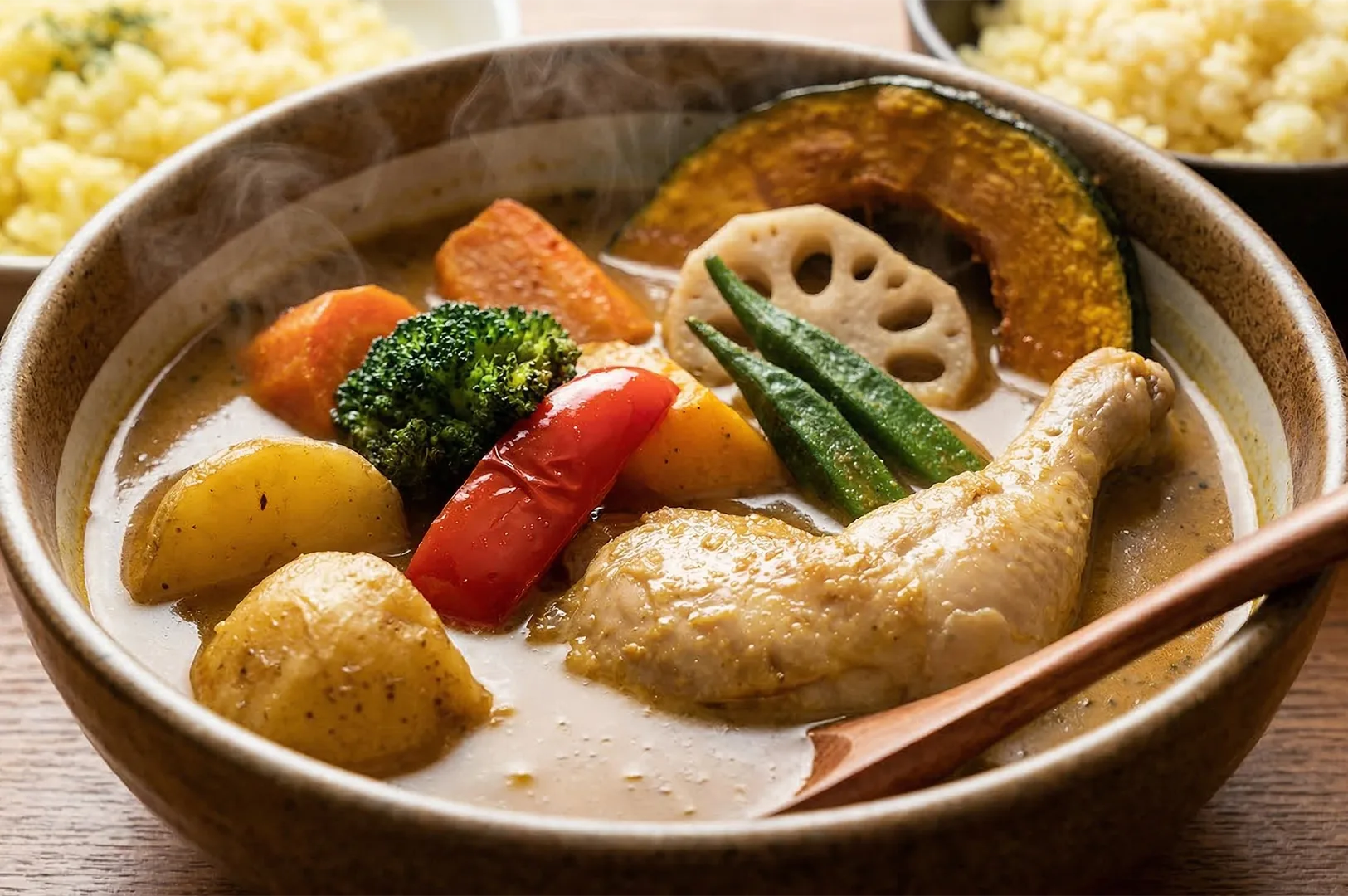 A steaming bowl of Japanese chicken soup curry featuring a whole chicken leg, roasted pumpkin, lotus root, okra, and broccoli.