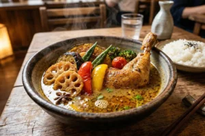 A steaming bowl of Japanese Hokkaido-style soup curry with a chicken leg, lotus root, peppers, and broccoli served with a side of white rice.